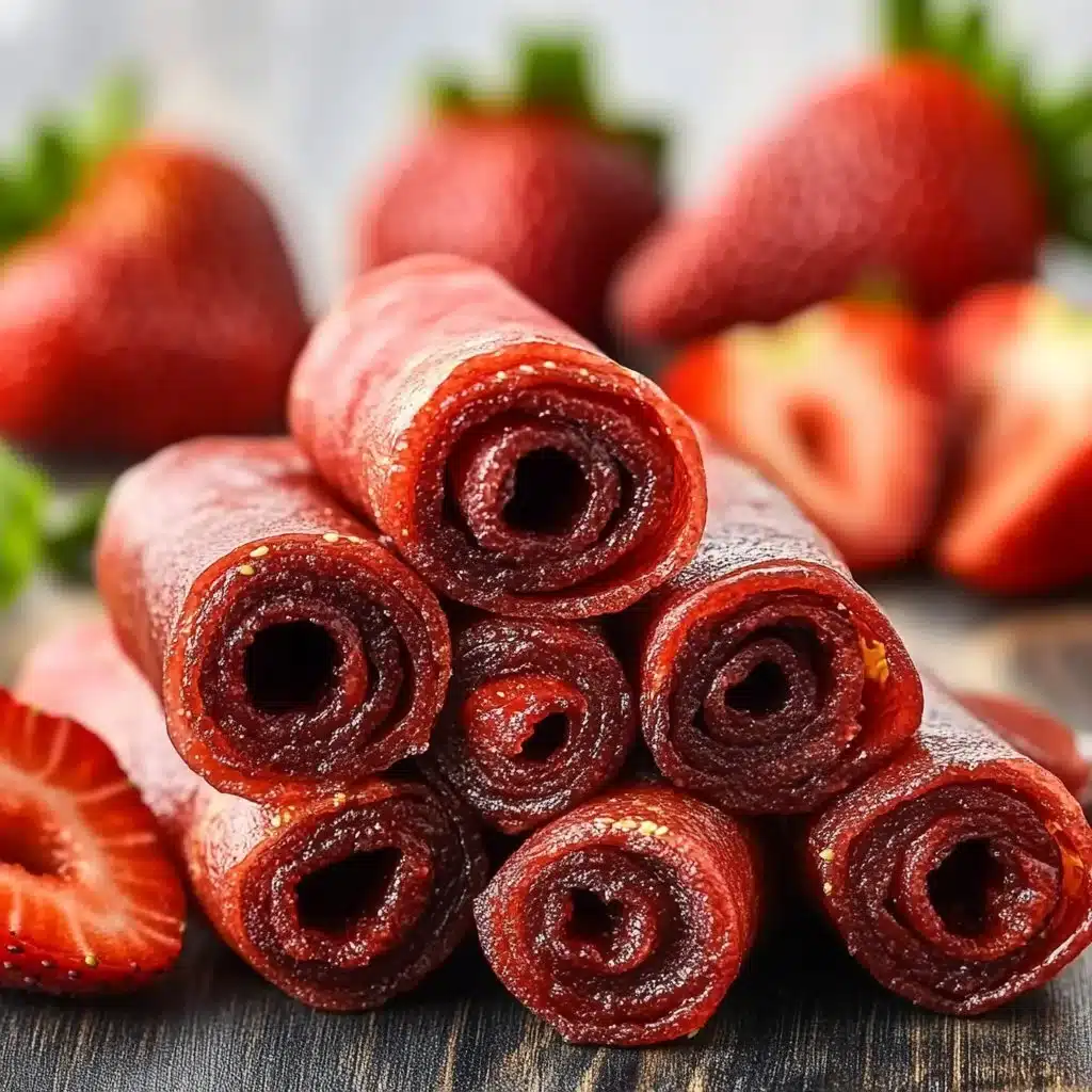 Homemade 3-ingredient strawberry fruit roll-ups on a wooden table