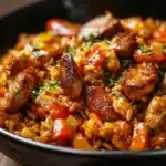 Delicious bowl of authentic Cajun jambalaya with shrimp and sausage