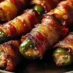 Bacon wrapped jalapeno poppers topped with cheese, perfect party appetizer.