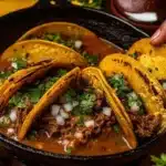 Delicious Birria Tacos served with consommé for dipping