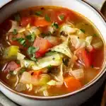 Fresh homemade cabbage soup in a bowl with vegetables