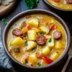 Bowl of delicious Cajun Potato Soup garnished with herbs and spices