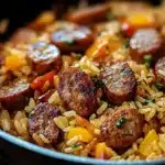 Cajun sausage and rice skillet dish served with fresh herbs