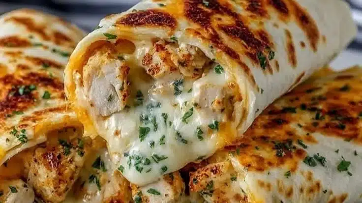 Cheesy garlic chicken wraps served with fresh veggies and melted cheese
