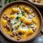 A bowl of Cheesy Hamburger Potato Soup garnished with parsley and cheese slices.