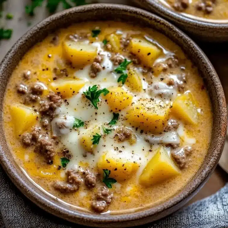 A bowl of Cheesy Hamburger Potato Soup garnished with parsley and cheese slices.