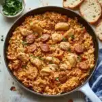 Delicious Chicken and Sausage Jambalaya served in a bowl.