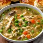 Bowl of creamy Chicken Pot Pie Soup topped with fresh herbs and veggies