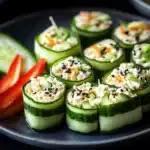 Chicken salad cucumber roll ups garnished for a healthy snack