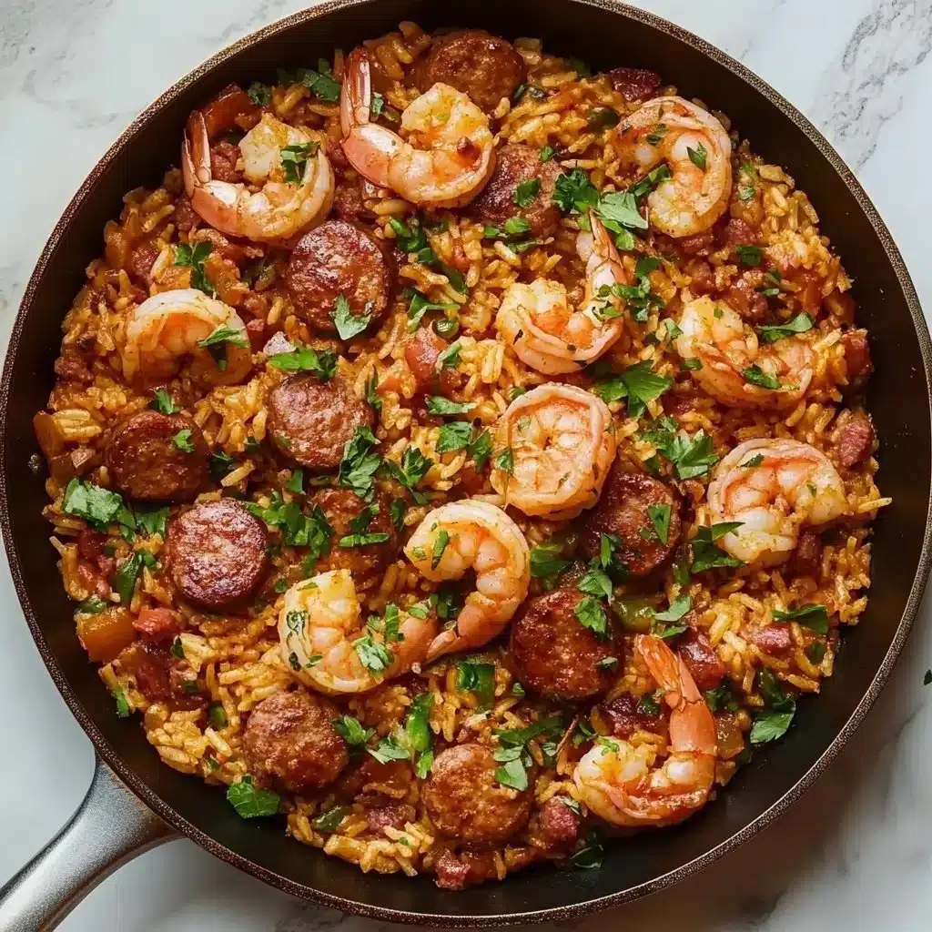 Classic Cajun Jambalaya dish with chicken, sausage, and shrimp garnished with herbs.
