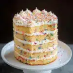 Slice of Coconut Confetti Cake topped with sprinkles and coconut flakes
