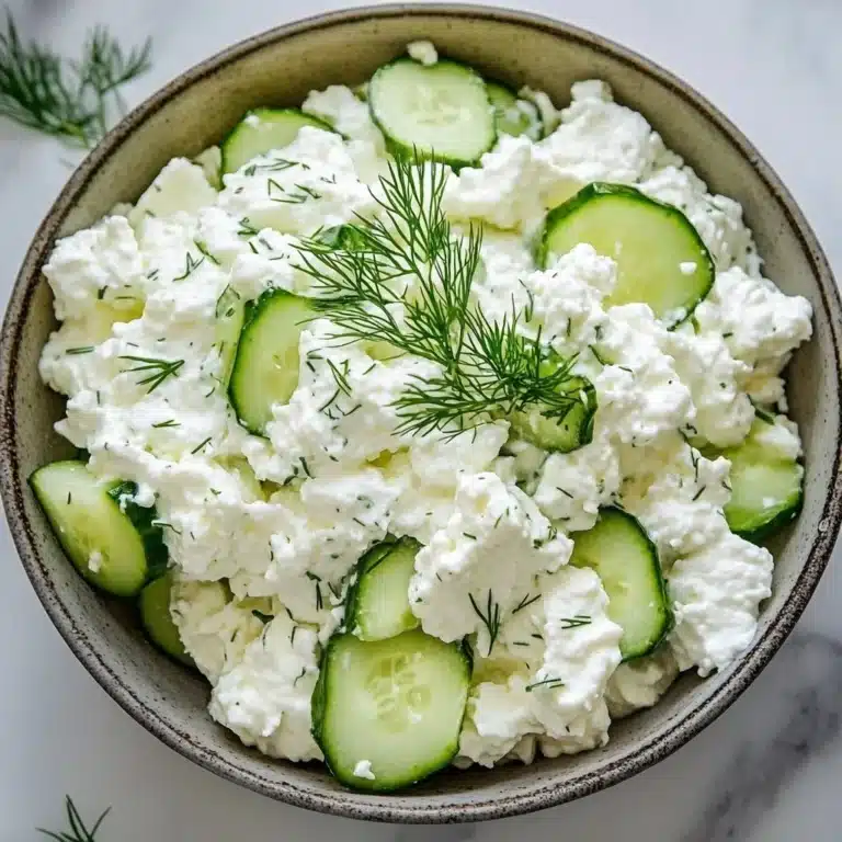 Delicious cottage cheese cucumber salad in a bowl, garnished with fresh herbs.
