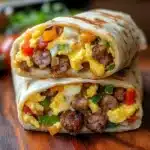 Cowboy Breakfast Burrito filled with eggs, sausage, and cheese