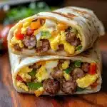 Cowboy Breakfast Burrito filled with eggs, bacon, and vegetables