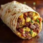Delicious Cowboy Breakfast Burrito with eggs, sausage, and cheese on a plate.