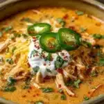 Creamy chicken enchilada soup in a bowl, garnished with fresh cilantro.