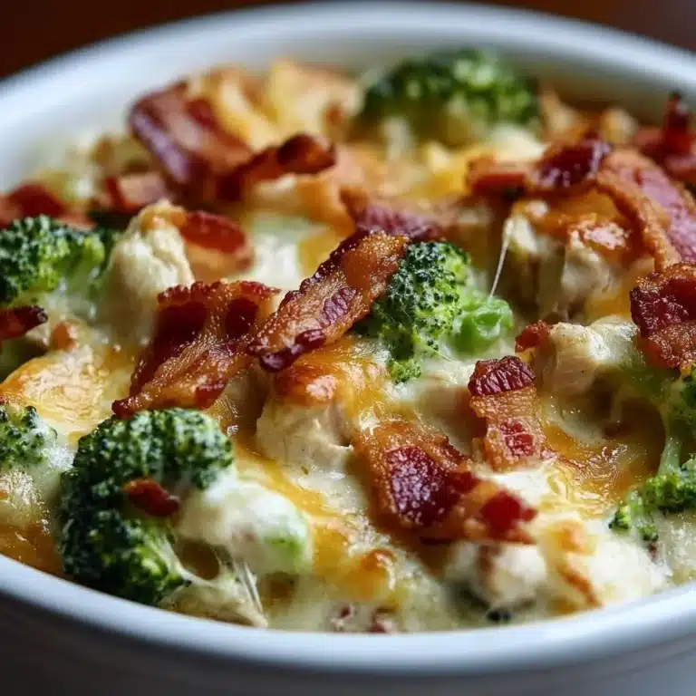 Creamy low carb chicken casserole with broccoli and bacon in a baking dish