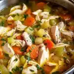 Bowl of easy homemade chicken soup with vegetables and herbs.