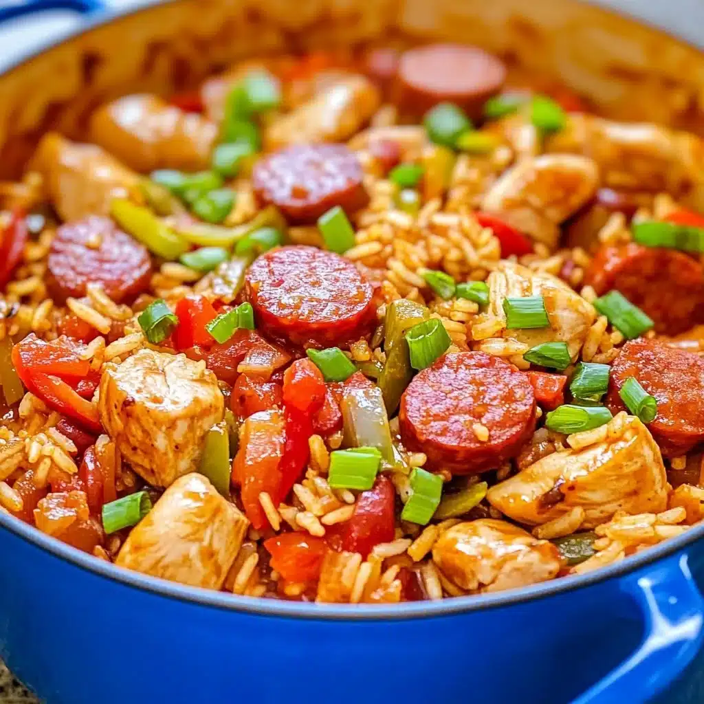 A colorful bowl of easy one pot jambalaya with rice and seafood.