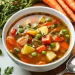 Bowl of easy vegetable soup filled with fresh vegetables and herbs