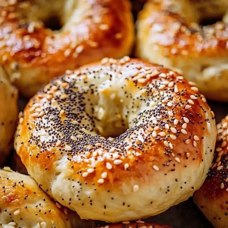 Homemade Greek Yogurt Bagels topped with sesame seeds on a baking tray