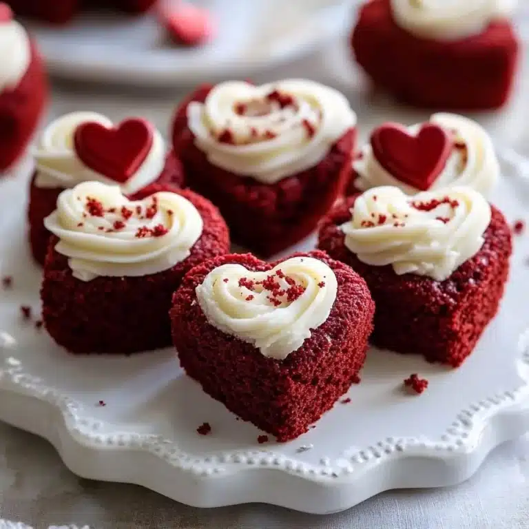 Heart Shaped Red Velvet Mini Cakes 10 Heart-shaped red velvet mini cakes decorated with cream cheese frosting.