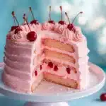 Homemade cherry chip cake beautifully decorated with cherries on top