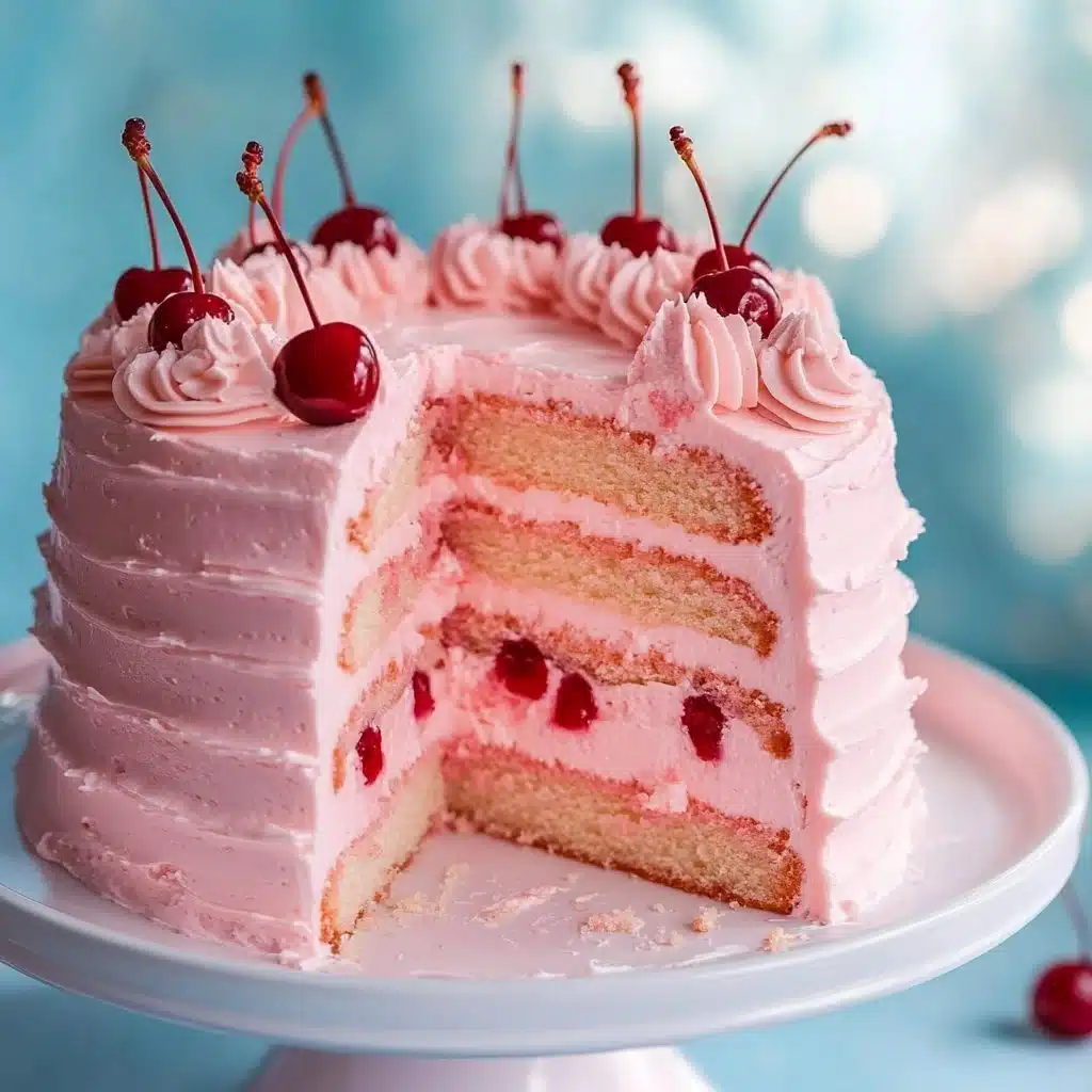 Homemade cherry chip cake beautifully decorated with cherries on top