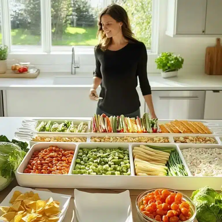 Colorful snack stadium filled with delicious treats for Super Bowl party.