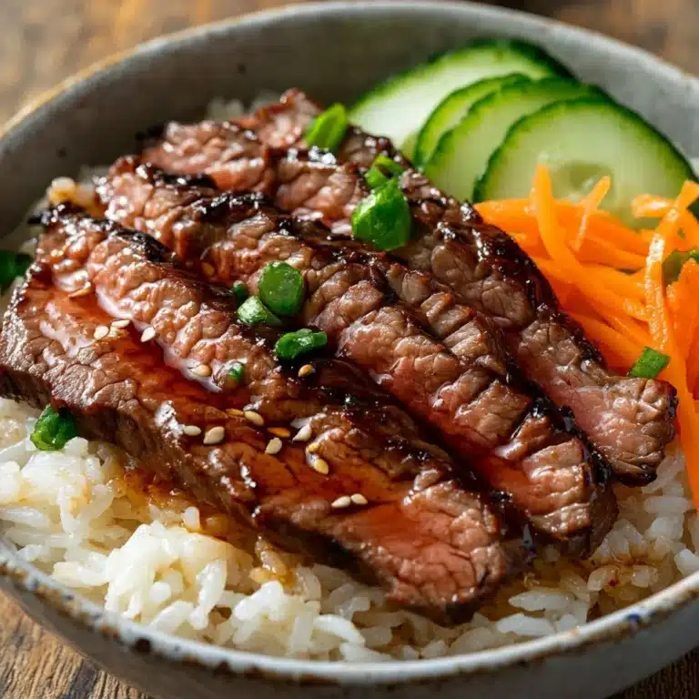 Delicious Korean BBQ steak rice bowl drizzled with spicy cream sauce.