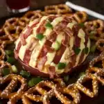 Jalapeño popper football cheese ball on a serving platter