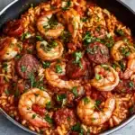 Delicious bowl of jambalaya featuring rice, shrimp, sausage, and vegetables