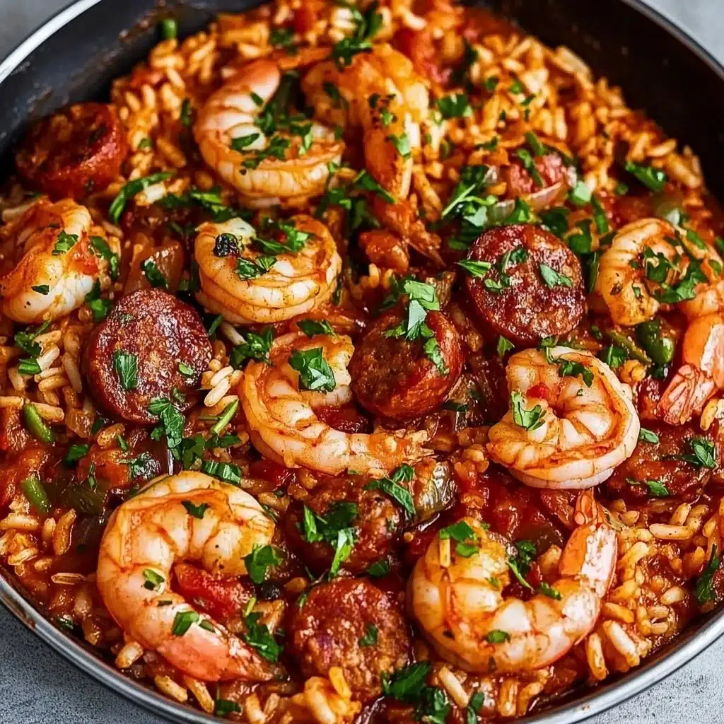 Delicious bowl of jambalaya featuring rice, shrimp, sausage, and vegetables