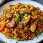 Delicious Jambalaya Chicken Turkey Sausage served in a colorful bowl