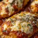 Keto Chicken Parmesan with crispy chicken and marinara sauce
