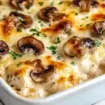 Keto Garlic Mushroom Chicken Casserole topped with cheese and herbs