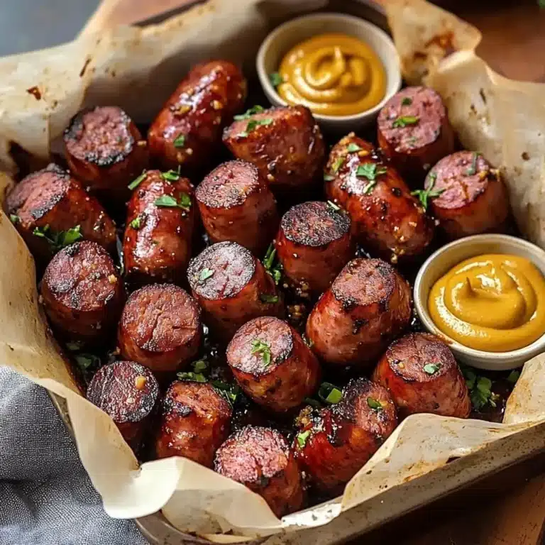 Mustard Hasselback Kielbasa Bites 12 Mustard Hasselback Kielbasa Bites served on a platter, garnished with herbs.