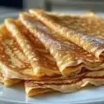 Delicious oatmeal crepes stacked with fruits and syrup on a plate