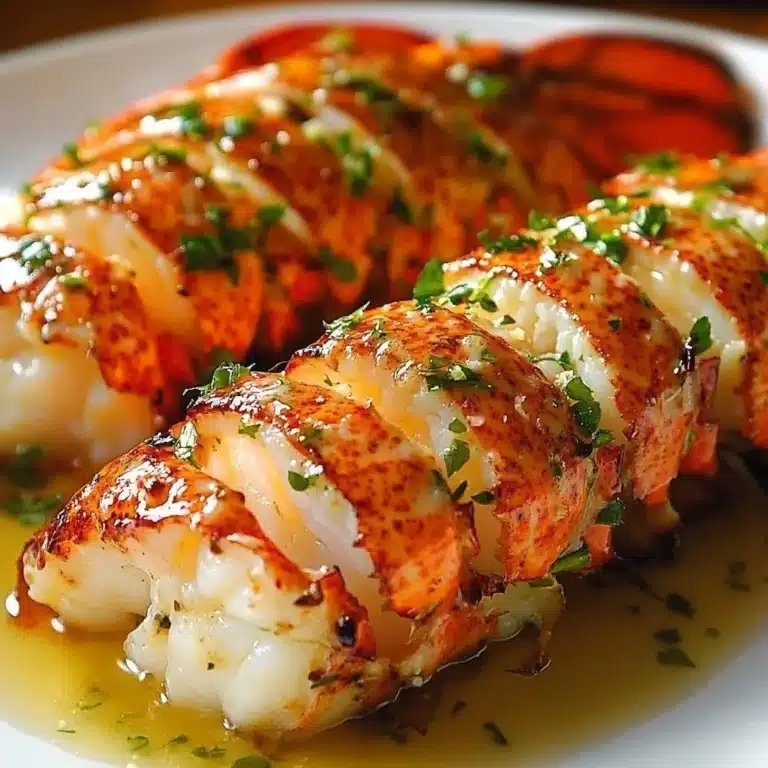 Broiled lobster tails drizzled with lemon garlic butter.