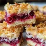 Delicious Raspberry Coconut Bars topped with coconut flakes and fresh raspberries