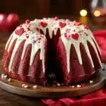 Delicious Red Velvet Bundt Cake with cream cheese frosting on a white plate