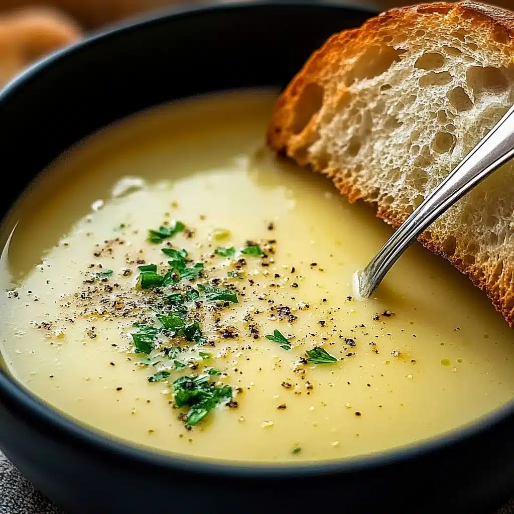 Delicious rustic country French style garlic soup served in a bowl