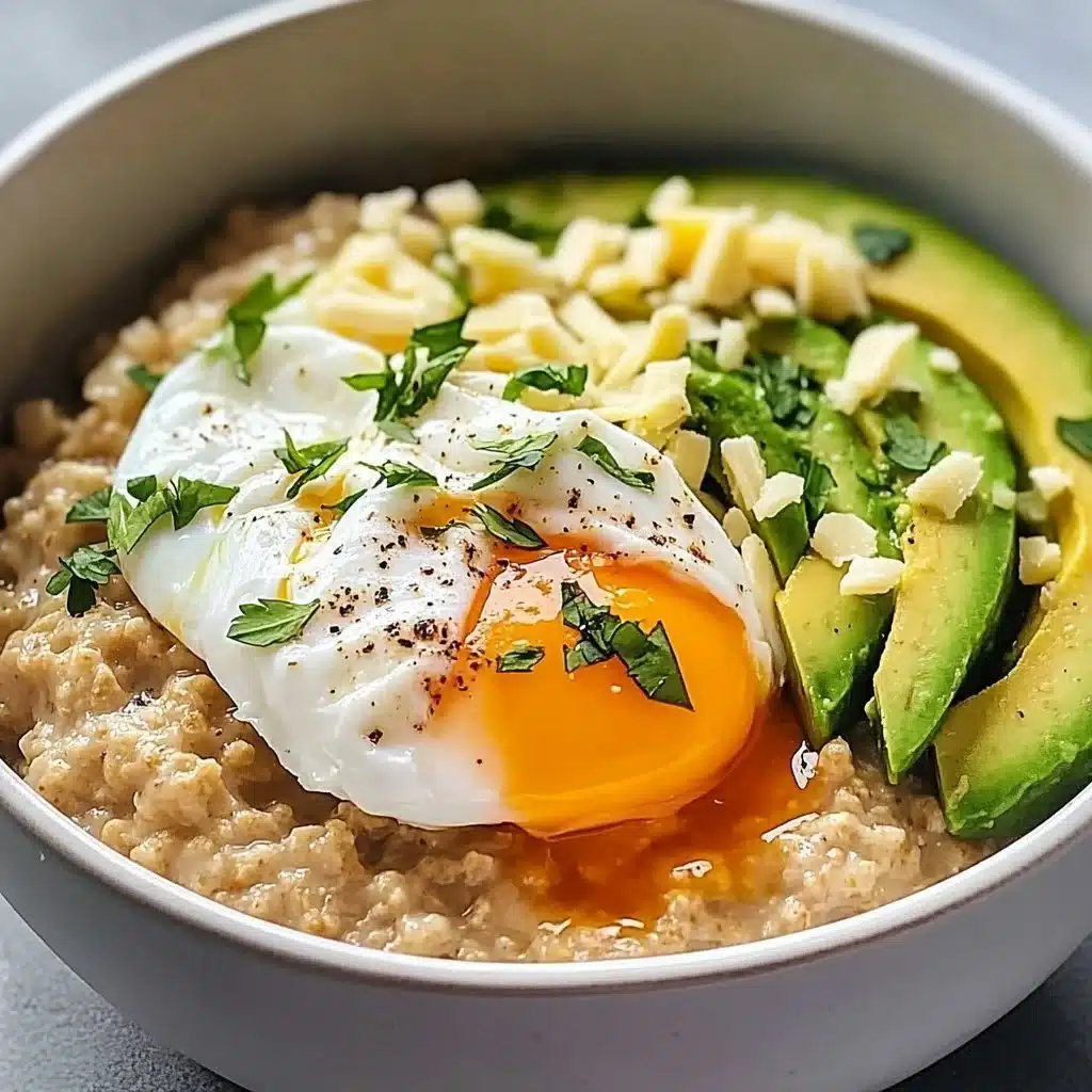 Savory Avocado Oatmeal 4 Bowl of savory avocado oatmeal topped with spices and herbs
