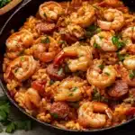 Delicious shrimp and sausage jambalaya served in a bowl