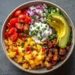Delicious Green Chile Bowl topped with Southwest spices and fresh ingredients