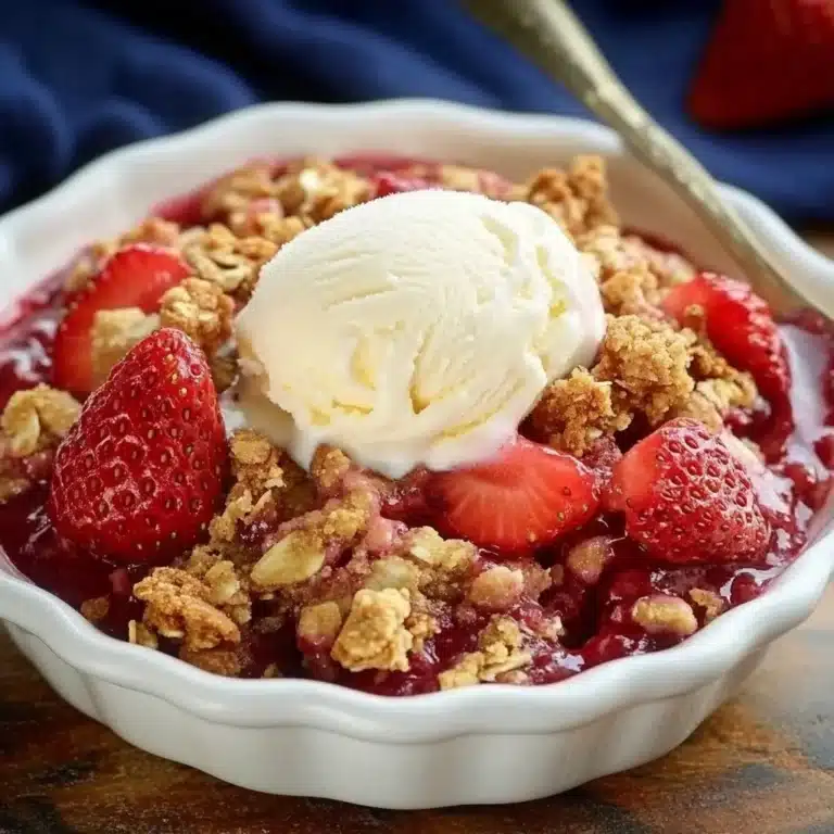 Delicious homemade strawberry crisp dessert in a baking dish