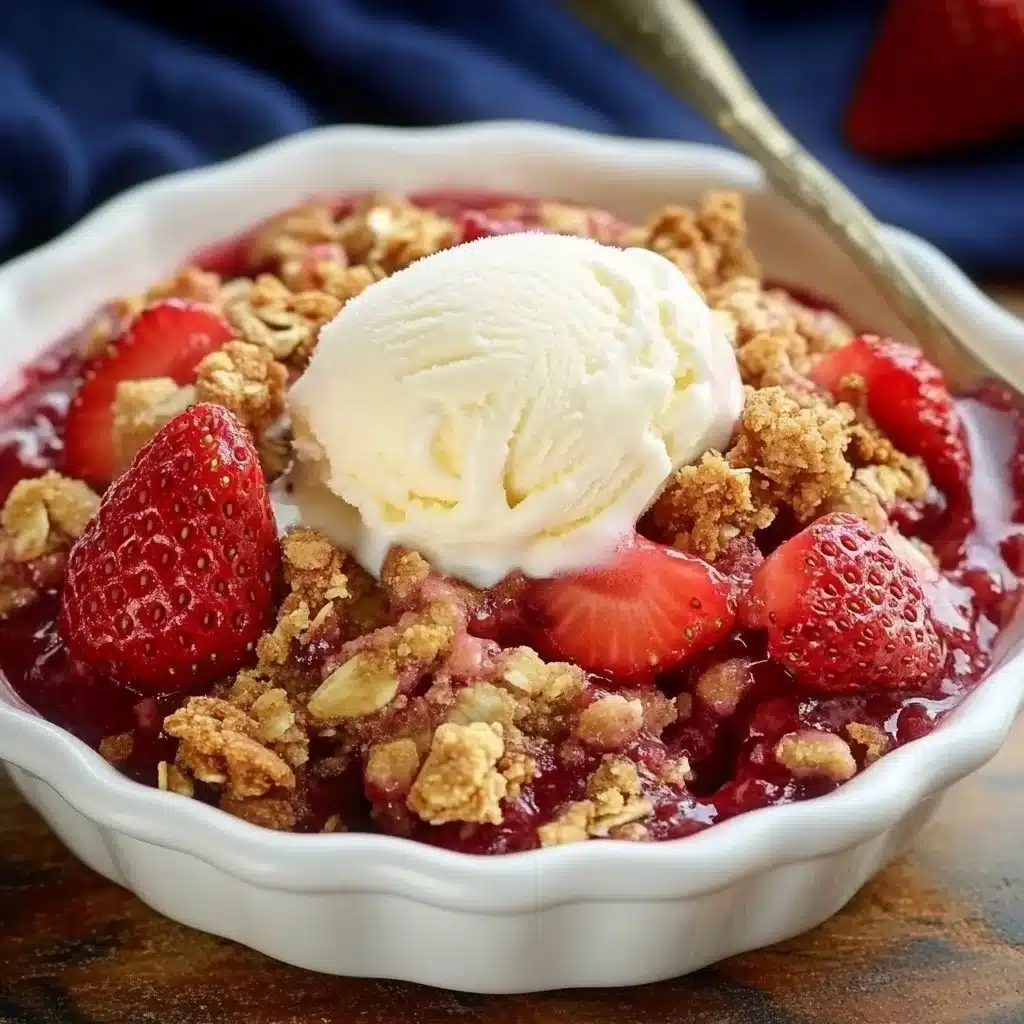 Delicious homemade strawberry crisp dessert in a baking dish
