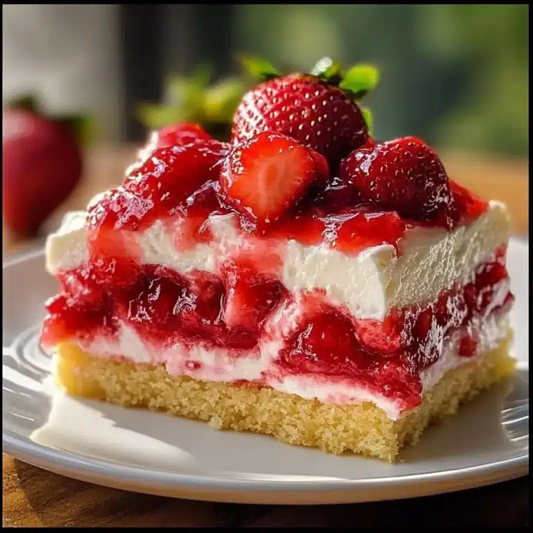 Slice of Strawberry Earthquake Cake topped with fresh strawberries and cream cheese frosting