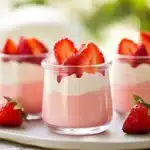 Delicious strawberry mousse dessert topped with fresh strawberries