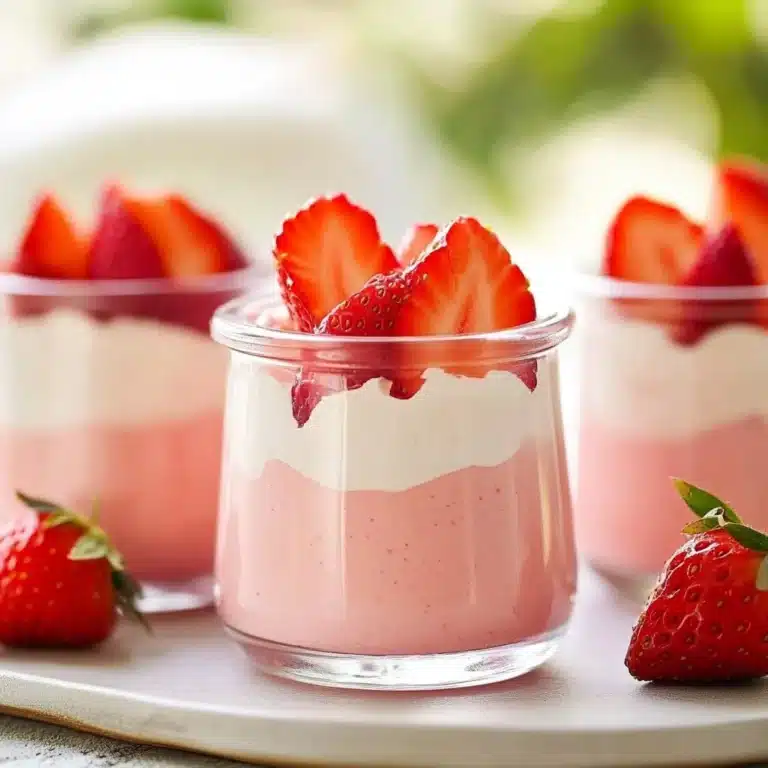 Delicious strawberry mousse dessert topped with fresh strawberries